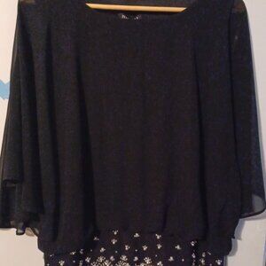 Roz & Ali Black Chiffon Beaded Swing Top NWT
